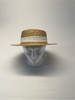 Zara Natural Straw Boater Hat with White Eyelet Bow - Excellent Condition